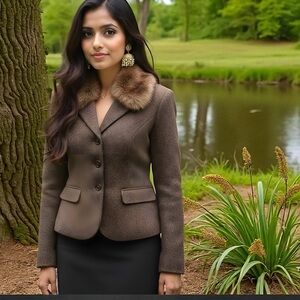 Vintage Ralph Lauren Tweed 80% Virgin Wool Blazer Coat Jacket Fur Collar Size 2